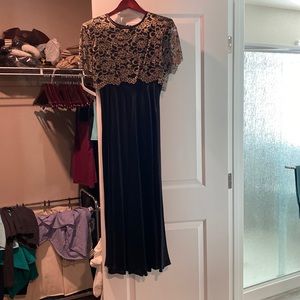 Black satin dress with attached silver lace top